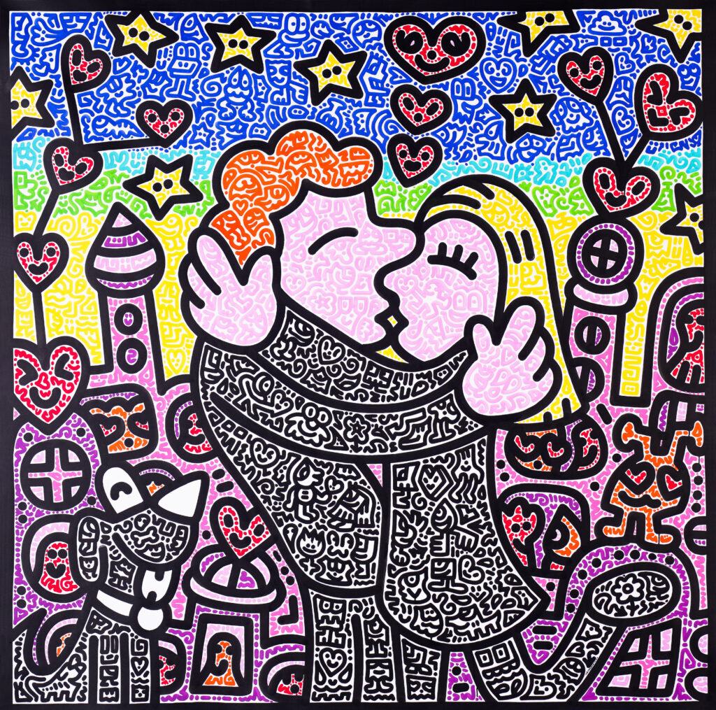 mr doodle b 1994 mr mrs doodle kiss in lovey dovey land 2023 acrylic paint on canvas 183 x 183 cm 72 x 72 in 1