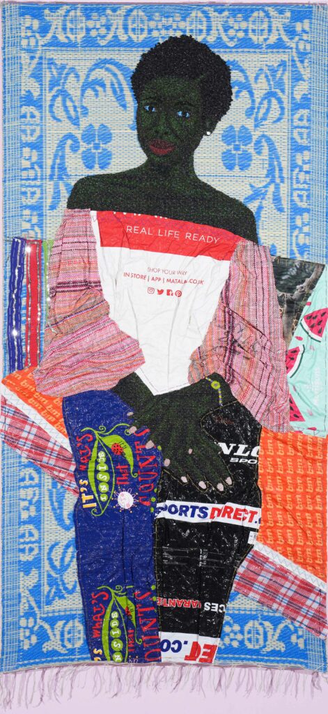 emmanuel kwaku yaro b 1995 ghana akosua jackson 2023 acrylic woven nylon and burlap on polymer 182 x 91 cm 71 5 8 x 35 7 8 in