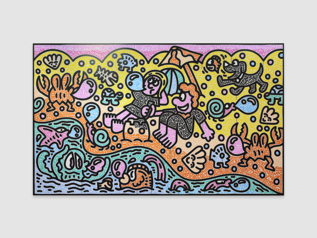 mr doodle b 1994 mr mrs doodle at bubblegum beach 2023 acrylic paint on canvas 183 x 300 cm 72 x 118 18 in