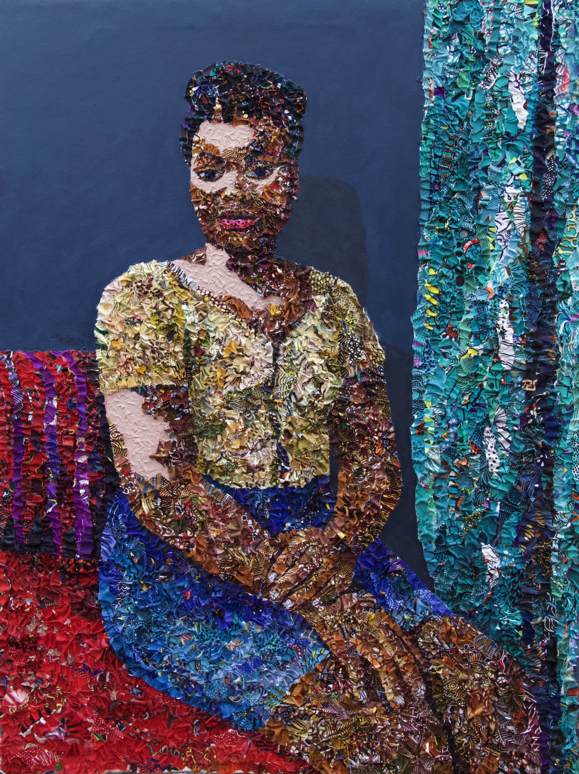 marcellina akpojotor dear aghoghome fabric acrylic on canvas 48 x 36 inches 2023