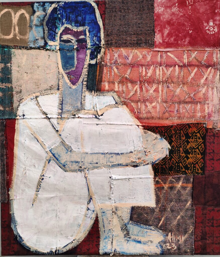 alimi-adewale-b-1974-poetry-of-posture-the-seated-womans-grace-2023-acrylic-on-mixed-media-152-x-140-cm