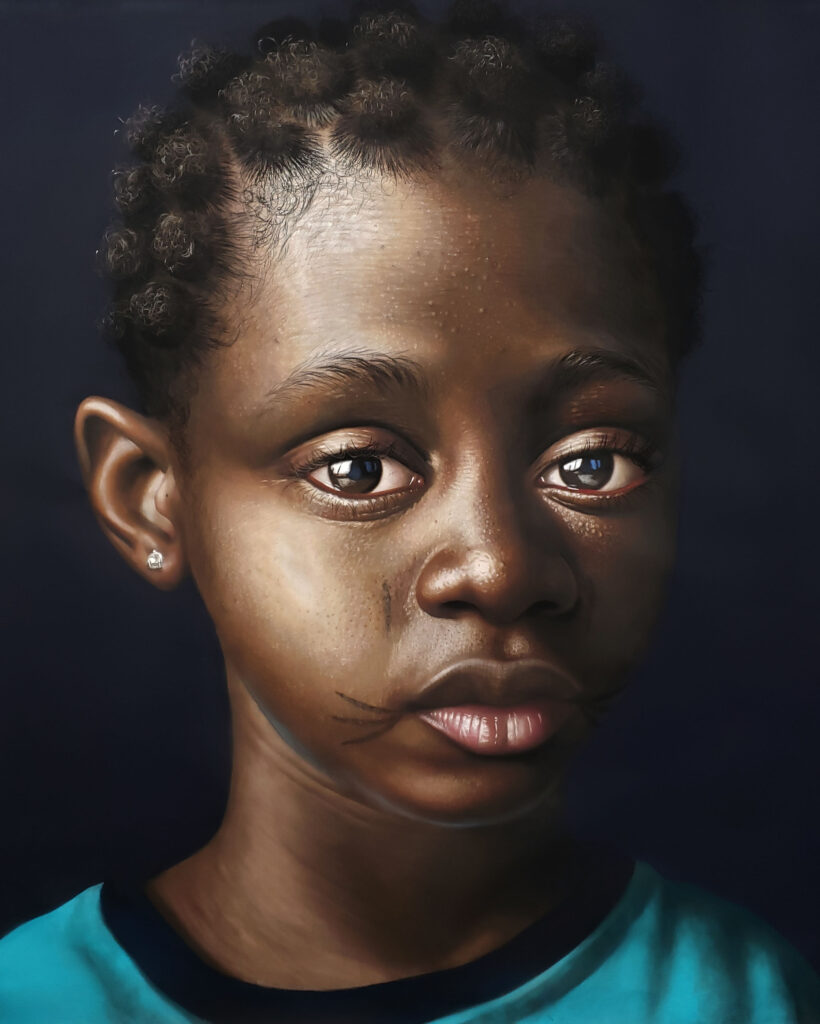 BABAJIDE OLATUNJI 巴巴吉德·奧拉通吉 b. 1989, Nigeria 尼日利亚 Amiya as an Adolescent 青春期的阿米亚, 2024 Pastel, casein and acrylic on primed canvas 布面丙烯、粉彩和酪蛋白158 x 138 cm (62 1_4 x 54 3_8 in.)
