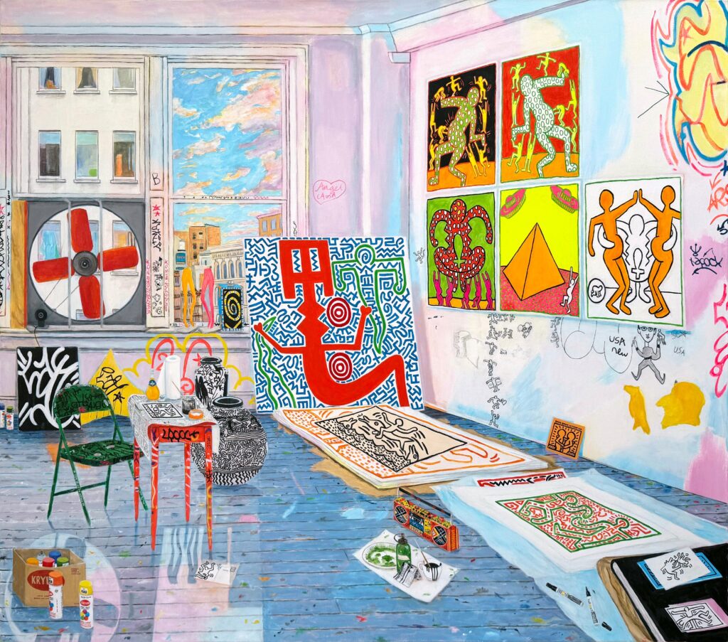 damian-elwes-b-1960-keith-harings-studio-cable-building-2-2025-acrylic-on-canvas-168-x-198-cm-66-18-x-78-in